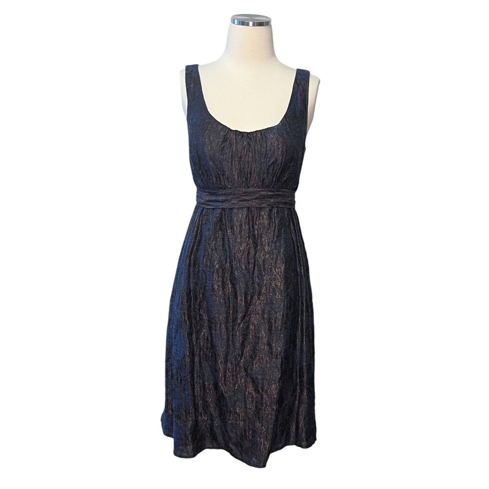 Walter Dress Women's Size 8 Navy Blue Brown A Line Belted Empire Sleeveless